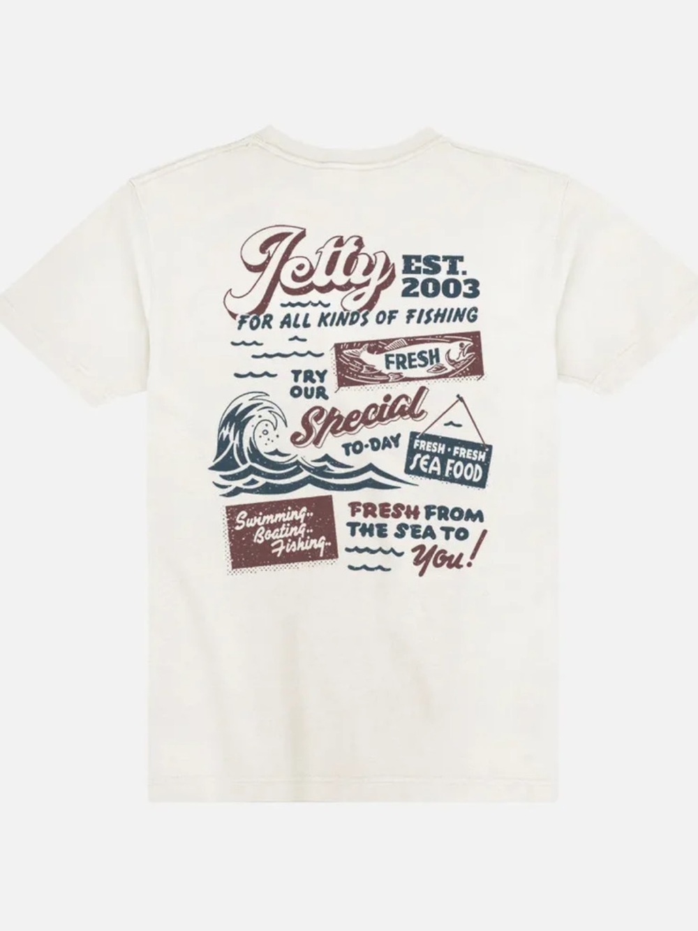 Jetty 'Fresh Catch' Graphic Tee - Cream with Navy & Rust. Size XL